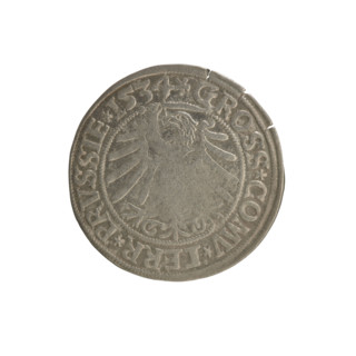 Prussian grosz, Sigismund I the Old (King of Poland; 1506–1548); Polish coin, Jagiellonian dynasty.