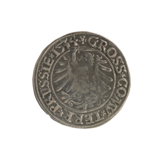 Prussian grosz, Sigismund I the Old (King of Poland; 1506–1548). Obverse: Crowned male bust in