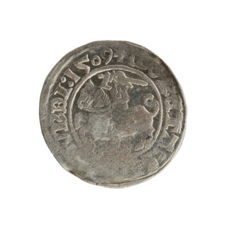 Lithuanian half-grosz, Sigismund I the Old (King of Poland; 1506–1548). Obverse: Pogon (Lithuanian