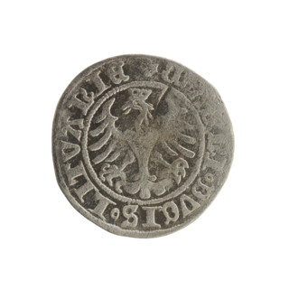Lithuanian half-grosz, Sigismund I the Old (King of Poland; 1506–1548). Obverse: Pogon (mounted
