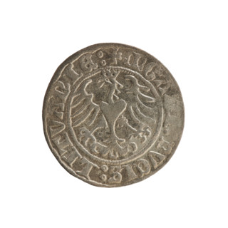Lithuanian half-grosz, Sigismund I the Old (king of Poland; 1506–1548). Obverse: Chaser (coat of