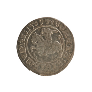 Lithuanian half-grosz, Sigismund I the Old (King of Poland; 1506–1548). Obverse: Pogon turned left;