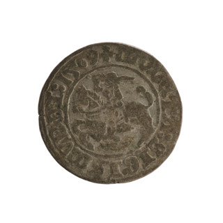 Lithuanian half-grosz, Sigismund I the Old (king of Poland; 1506–1548). Obverse: Pursuer turned