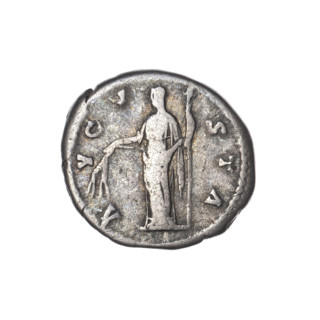 Denarius, posthumous issue for Faustina the Elder (98–141; Roman empress 138–141). Obverse: Bust of