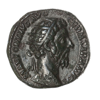 Dupondius of Marcus Aurelius (121–180; Roman emperor 161–180). Obverse: Head of Marcus Aurelius in