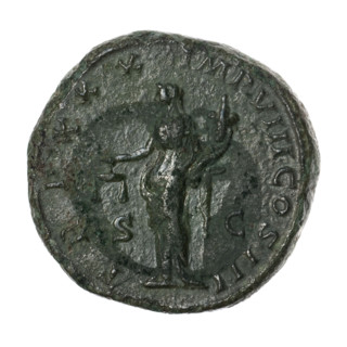 Dupondius of Marcus Aurelius (121–180; Roman emperor 161–180). Obverse: Head of Marcus Aurelius in