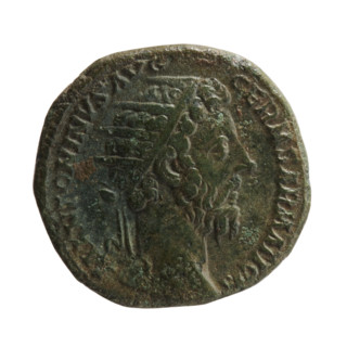 Dupondius of Marcus Aurelius (121–180 CE), Roman emperor 161–180 — obverse: head of Marcus Aurelius