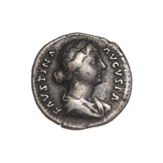 Denarius of Faustina the Younger (ca. 130–176), wife of Marcus Aurelius (121–180). Obverse: Bust of