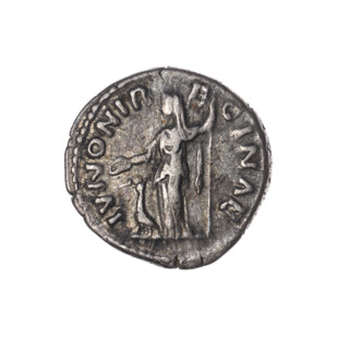Denarius of Faustina the Younger (ca. 130–176), issuer Marcus Aurelius (121–180). Obverse: Bust of