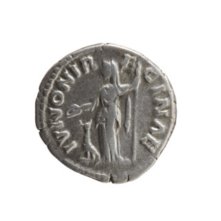 Denarius depicting Bust of Faustina II in drapery facing right, legend FAVSTINA AVGVSTA; reverse: