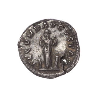 Denarius (with a hole). Obverse: Bust of Faustina the Younger in drapery facing right, legend