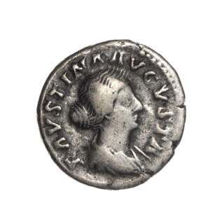 Denarius depicting Faustina the Younger (ca. 130–176; Roman empress 161–176). Obverse: Bust of