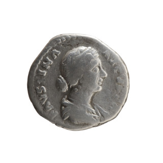 Denarius of Faustina the Younger (ca. 130–176; Roman empress 161–176). Obverse: draped bust of