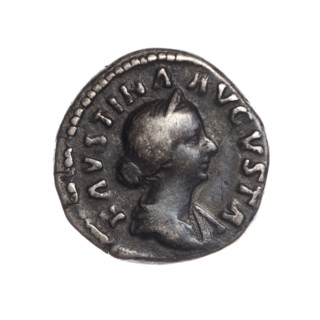 Denarius of Faustina the Younger (ca. 130–176; Roman empress 161–176). Obverse: draped bust of