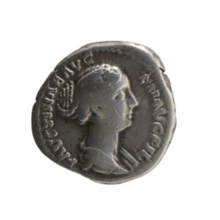 Denarius of Faustina the Younger (ca. 130–176; Roman empress 161–176; Augusta 147–161). Obverse: