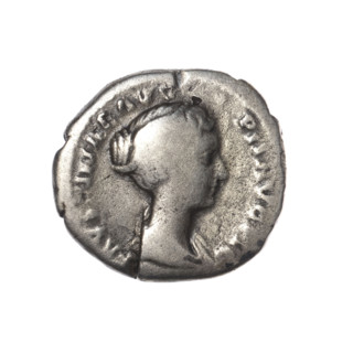 Denarius of Faustina the Younger (ca. 130–176; Roman empress 161–176; Augusta 147–161). Obverse: