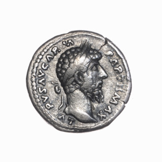 Denarius of Lucius Verus (130–169; Roman emperor 161–169). Obverse: Head of Lucius Verus with
