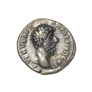 Denarius of Lucius Verus (130–169; Roman emperor 161–169). Obverse: Head of Lucius Verus bare,