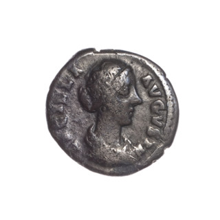Denarius of Lucilla (149–182), dated 164–169. Obverse: Bust of Lucilla in drapery facing right,