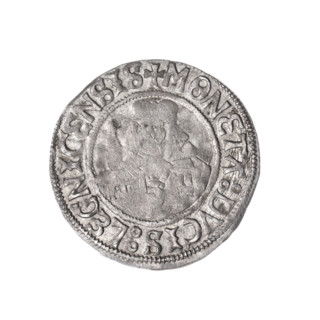 Grosz (coin) depicting Frederick II, Duke of Brzeg-Legnica (1480–1547) and Saint Jadwiga of Silesia