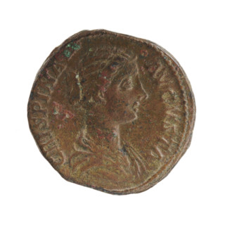 Sestertius of Commodus and Crispina, 178–183 CE. Obverse: Bust of Crispina in drapery to the right,