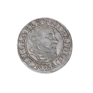 Male bust in armour turned right, with a beard and sideburns; rim between pearly borders with