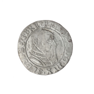Male bust in armour turned right with a beard and sideburns; in the rim between the pearly borders