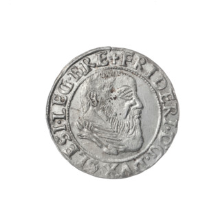 Obverse: Male bust in armour turned right with a beard and sideburns; in the rim between the pearly