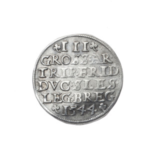 Trojak by Michael Stoltz (fl. ca. 1540–1555), 1544. Obverse: male bust in armour turned right with