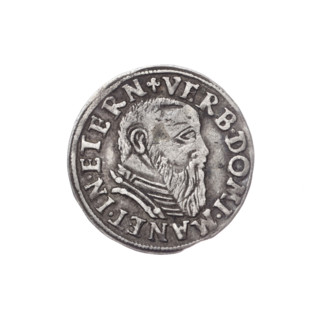 Male bust in armour turned right, with a beard and sideburns; on the rim in a pearl border an