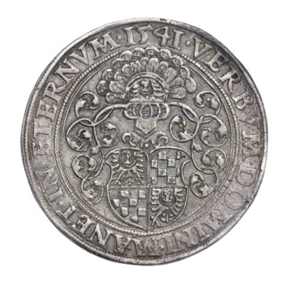 Thaler attributed to Michael Stoltz (fl. ca. 1540–1555), 1541. Obverse: male bust of Frederick II,