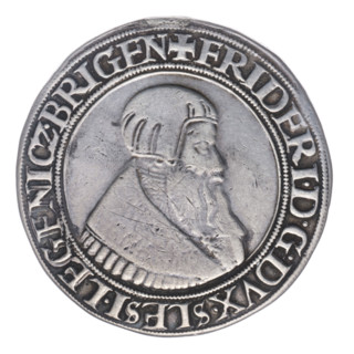 Thaler by Michael Stoltz (fl. ca. 1540–1555), 1542. Obverse: male bust of Frederick II, Duke of
