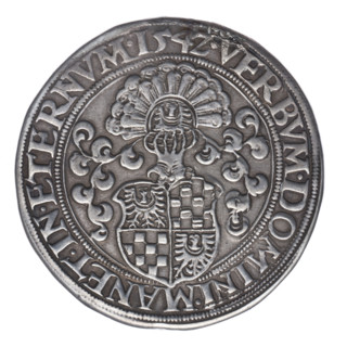 Thaler by Michael Stoltz (fl. ca. 1540–1555), 1542. Obverse: male bust of Frederick II, Duke of