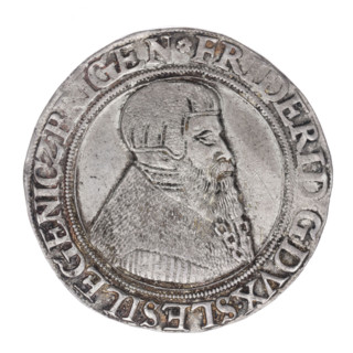 Thaler by Michael Stoltz (fl. ca. 1540–1555), 1546. Obverse: male bust of Frederick II, Duke of