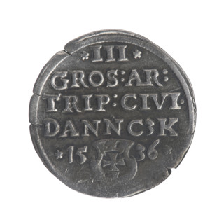 Gdansk troika, Sigismund I the Old (King of Poland; 1506–1548). Polish coin (trojak) dated 1536.