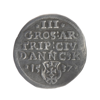 Gdansk trojak, Sigismund I the Old (King of Poland; 1506–1548). Obverse: Crowned male bust in
