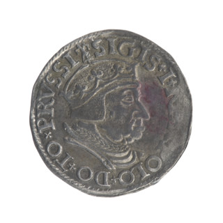 Gdansk trojak, Sigismund I the Old (King of Poland; 1506–1548). Obverse: Crowned male bust in