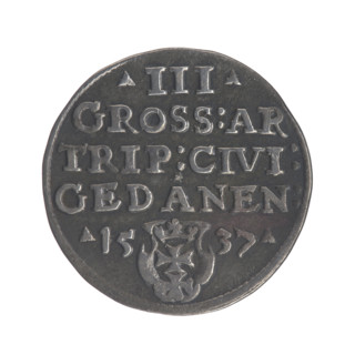 Gdansk trojak, Sigismund I the Old (King of Poland; 1506–1548). Obverse: Crowned male bust in