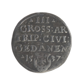 Gdansk troika, Sigismund I the Old (King of Poland; 1506–1548). Obverse: Crowned male bust in