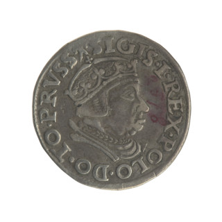 Gdansk trojak, Sigismund I the Old (King of Poland; 1506–1548). Obverse: Crowned male bust in