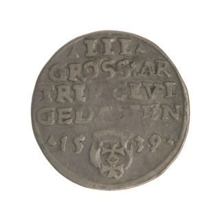 Gdansk troika, Sigismund I the Old (King of Poland; 1506–1548). Obverse: Crowned male bust in
