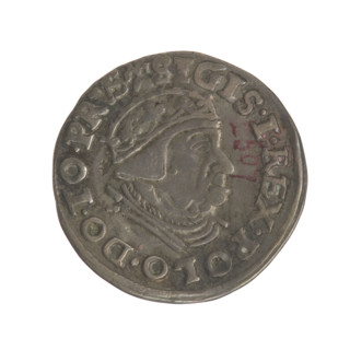 Gdansk trojak, Sigismund I the Old (King of Poland; 1506–1548). Obverse: Crowned male bust in