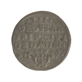Gdansk trojak, Sigismund I the Old (King of Poland; 1506–1548). Obverse: crowned male bust in