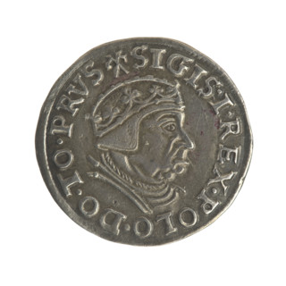 Gdansk trojak, Sigismund I the Old (King of Poland; 1506–1548). Obverse: crowned male bust in