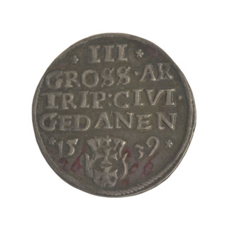 Gdansk trojak, Sigismund I the Old (King of Poland; 1506–1548). Obverse: crowned male bust in
