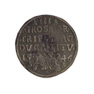 Lithuanian troika, Sigismund II Augustus (King of Poland; 1520–1572). Obverse: Crowned male bust in