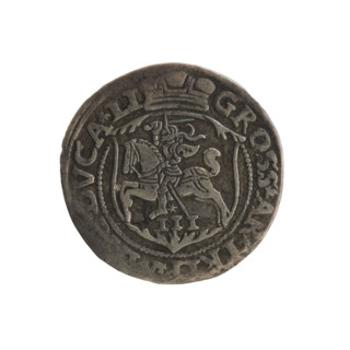 Lithuanian trojak, Sigismund II Augustus (king of Poland; 1544–1572). Aw: Under the crown a tied