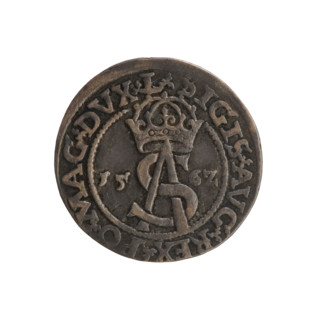 Lithuanian trojak, Sigismund II Augustus (king of Poland; 1544–1572). Obverse: under the crown a