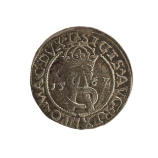 Lithuanian trojak, Sigismund II Augustus (king of Poland; 1544–1572). Aw: Under the crown a tied