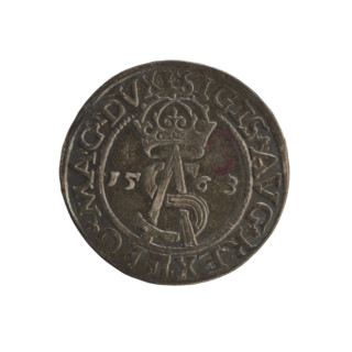 Trojak (coin), 1563, Vilnius, Grand Duchy of Lithuania. Obverse: under a crown, a tied royal